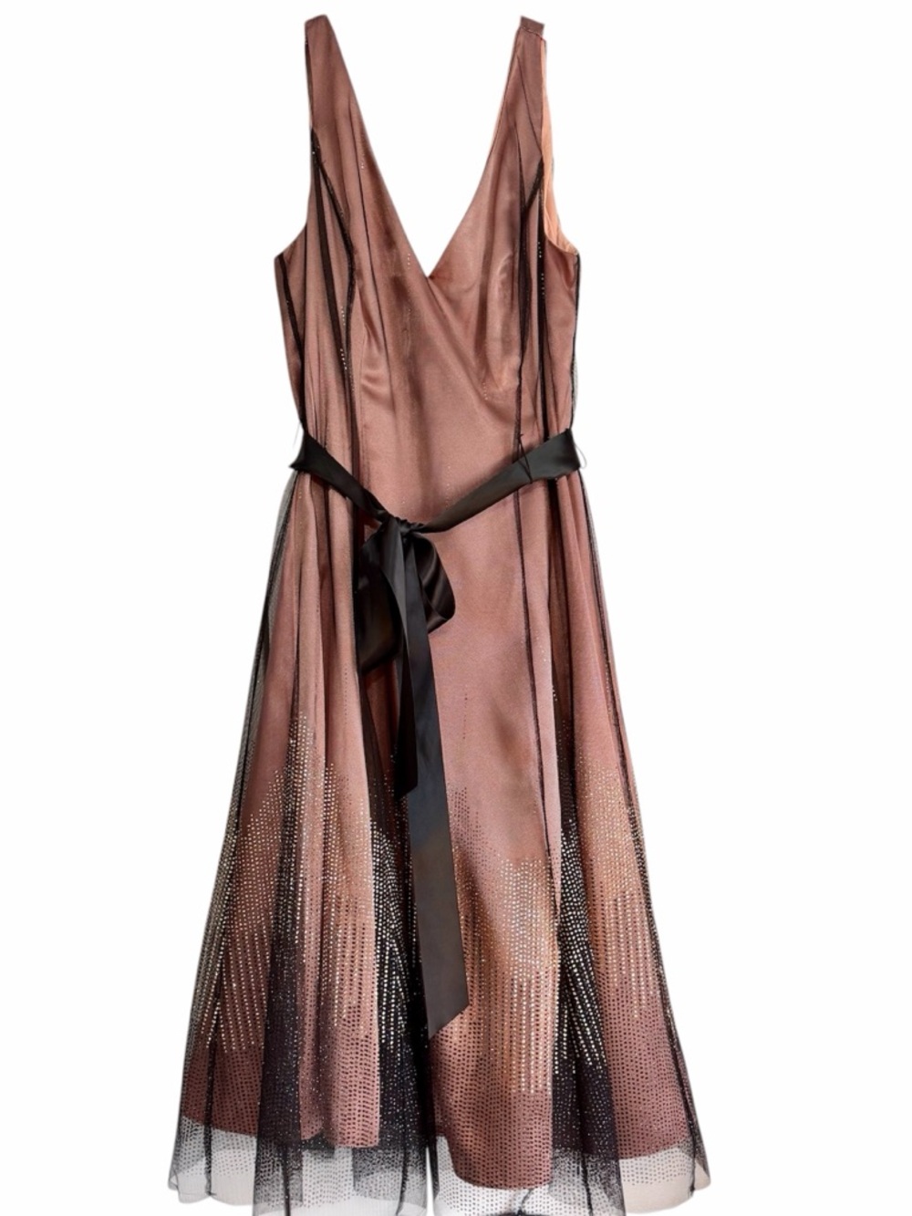 Adrianna Papell Boutique Formal Gold Black Shimmer Mesh Midi Dress Sz 10 Party